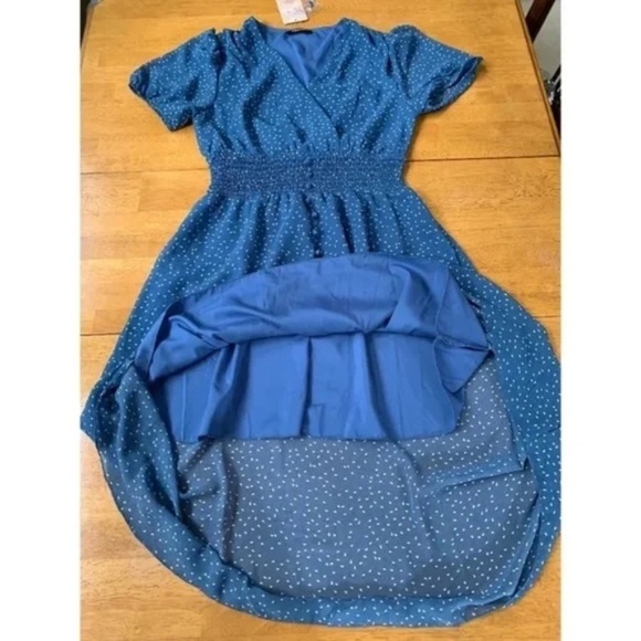 Fashion Blue V Neck Midi Sheer Lined Dress Elastic Waist Boho Chic, Size S - Picture 3 of 11